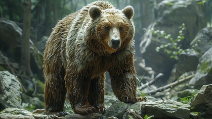 Obraz premium Realistic depiction of a majestic bear in a forest setting, capturing wildlife in its natural habitat. , Minimalism,