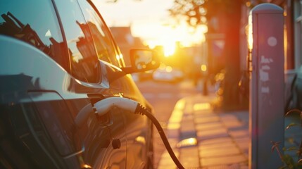 EV electronic vehicle electric hybrid car power charging station with display futuristic UI uses power supply cable charging, modern industry mode of automobile transportable eco friendly environment.