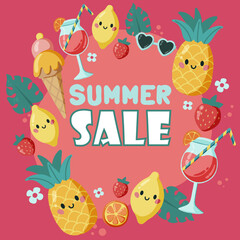 Summer sale banner with cute Hand drawn fruits and and lettering