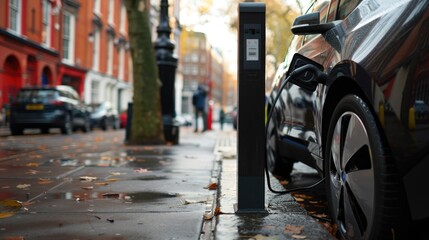 EV electronic vehicle electric hybrid car power charging station with display futuristic UI uses power supply cable charging, modern industry mode of automobile transportable eco friendly environment.