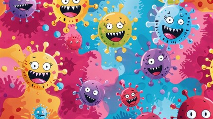 Whimsical virus icons with goofy smiles and quirky details on a cheerful, vibrant background