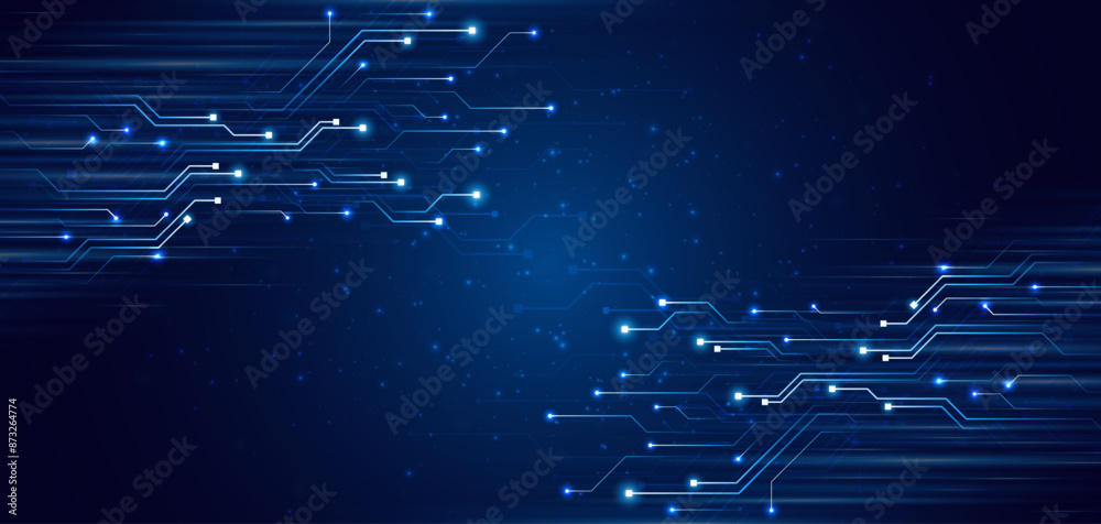 Poster Blue glowing lines with glitter light effect on dark background. High speed internet technology concept or fast wireless data transmission. modern internet network connection technology background	
