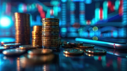 Stacked coins and currency exchange display with financial data in the background, representing investment and economic growth.