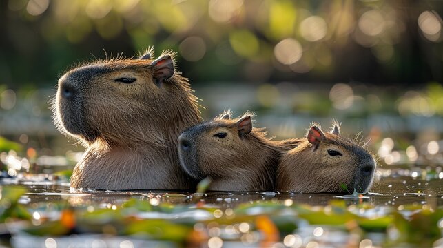 Adorable capybara family enjoying a sunny day by a pond, capturing the charm of these trending animals. , Minimalism,