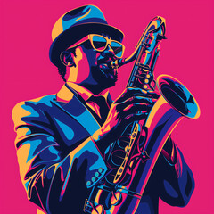Jazz musician icon in magenta and blue color theme, funk art style.