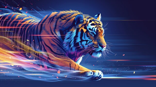 Dynamic illustration of a fierce tiger in motion, perfect for sports team mascots. , Minimalism,