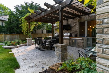 Obraz premium modern patio with pergola awning dining table and grill outdoor living space design