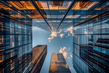 modern reflective skyscraper business office buildings in a big city urban landscape bottomup view photography