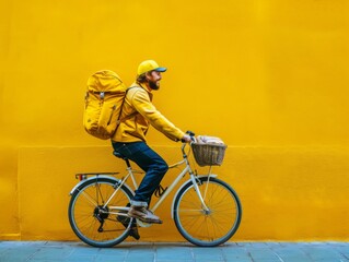 Obraz premium A cheerful delivery man rides a bicycle through the city with a large yellow backpack, ready to deliver packages. With copy space for text.