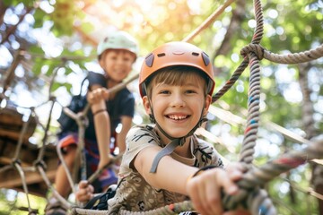 Smiling boy and girl having fun climbing a rope obstacle course in the trees