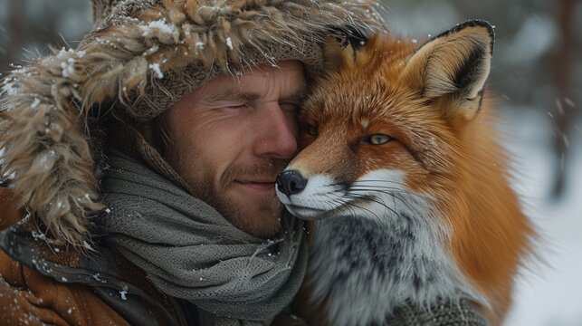 Man and fox cuddling closely in forest.