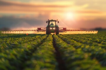 Fototapeta premium modern tractor spraying crops at sunset golden light illuminating mist lush green soybean field stretches to horizon hightech agricultural equipment in action