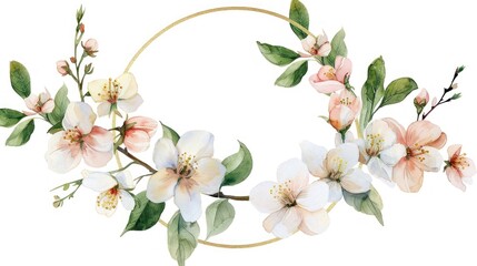 Elegant floral wreath with blooming flowers and green leaves, perfect for invitations and decorative designs.