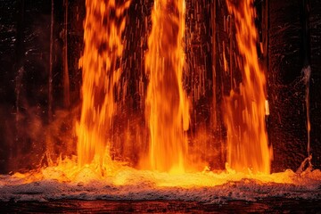 molten metal cascade mesmerizing flow of liquid fire industrial beauty intense heat ripples sparks flying raw power of metallurgy dramatic chiaroscuro lighting