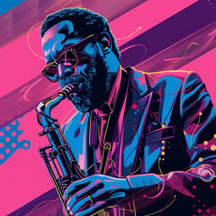 Jazz musician icon in magenta and blue color theme, funk art style.