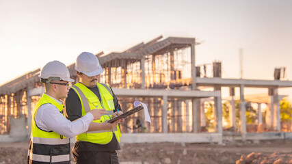 Two Asian engineer working at site of a large building project,Thailand people,Work overtime at...