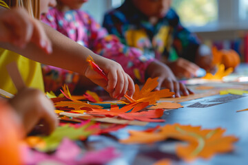 Children Engaging in Autumn Themed Crafts with Colorful Paper Leaves