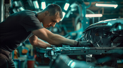 The engineer is checking the alignment of car frames.