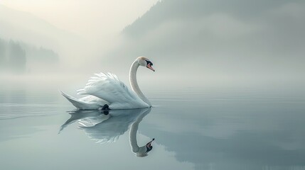 Gentle illustration of a graceful swan gliding on a tranquil lake, suitable for relaxation themes. , Minimalism,