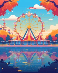 A vibrant Ferris wheel stands tall at an amusement park, its reflection shimmering in a calm lake.