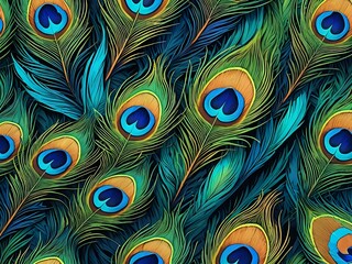 A close-up image of peacock feathers, showcasing their intricate patterns and vibrant colors.