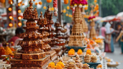 Fototapeta premium A vibrant market stall displays ornate religious statues and offerings, bustling with activity in the background.
