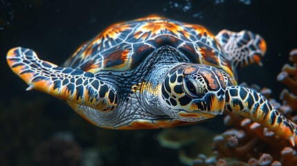 Fototapeta premium Detailed drawing of a wise old turtle swimming gracefully in a coral reef, perfect for marine conservation. , Minimalism,