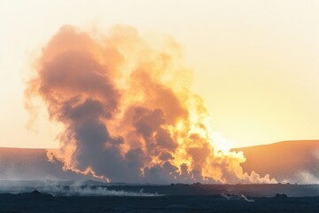 Volcanic eruption with lava and ash reaching high into the sky
