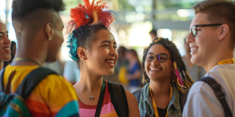 Fototapeta premium Diverse Group of Teenagers Laughing and Socializing in a School Hallway