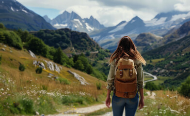Naklejka premium Young woman with backpack hiking in mountains, 