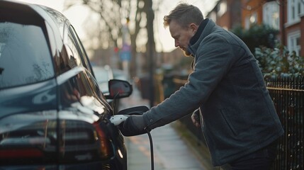 Focused shot of a man plugging in a hybrid car at a charging point