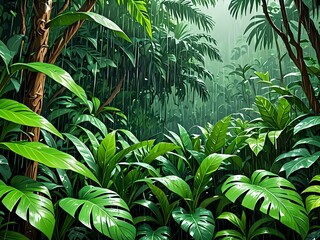 Obraz premium Lush green tropical foliage bathed in a gentle rain.