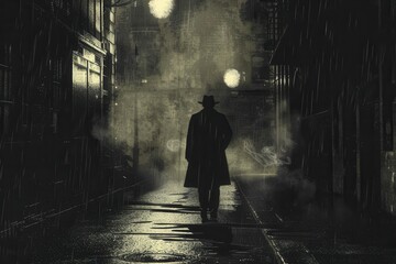 mysterious silhouette walking on a dimly lit street at night film noir inspired digital illustration