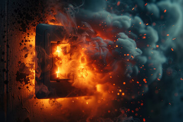 Electrical Fire Hazard A Burning Light Switch with Spark and Smoke