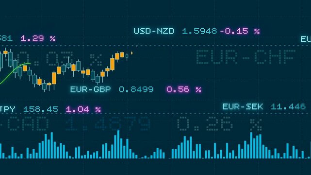 Candle stick stock market chart with currency exchange rates of Euro, US dollar, British pound, Japanese yen, Swedish krona. Bar graph, business and investment concept.
