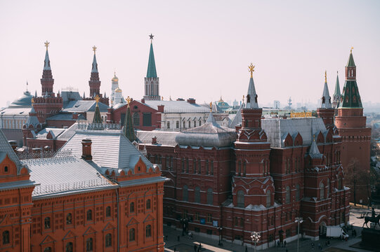 Top view of Moscow, the roofs of the Kremlin and the Historical Museum, the Red Square