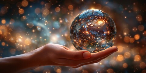 Glowing crystal ball in hand, cosmic theme.