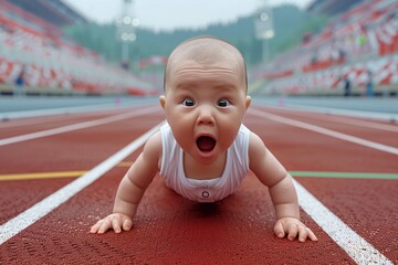 Baby crawling on a race track in athletic outfit showing determination and excitement.