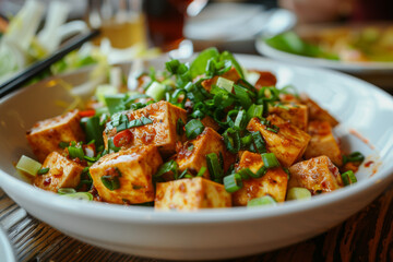 Spicy Tofu Dish Garnished with Fresh Green Onions on White Plate