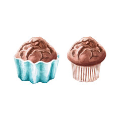 Set of two cupcakes in watercolor illustration on a white background. Hand drawn illustration of baked goods and coffee for menu, cookbooks, coffee brand logo, bakery.