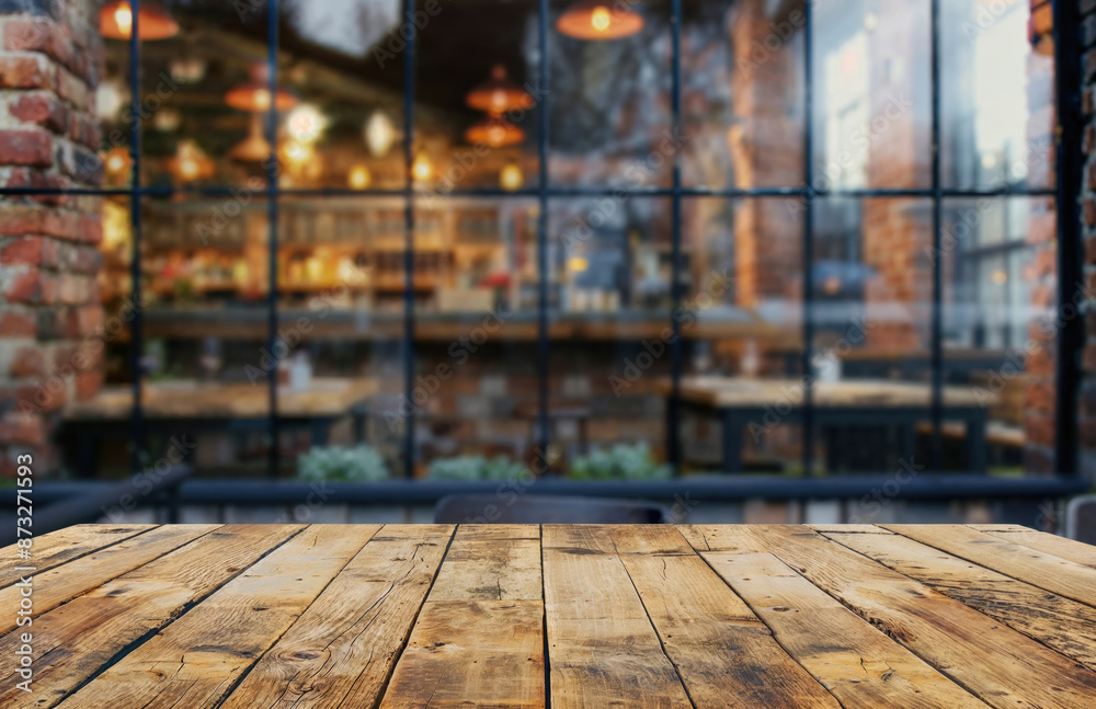Poster blurred background of a bar restaurant with an empty wooden table top, perfect for showcasing produc