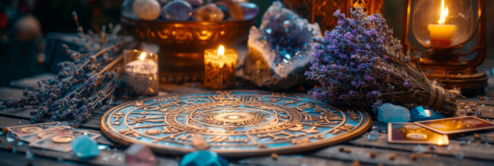 Mystical Divination Setup with Candles, Crystals, and Astrological Symbols