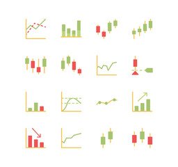Set of finance and marketing icons, graph, market, statistic, chart, diagram, grid, bar, arrow and flat line variety vectors.	
