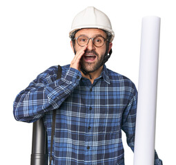 Hispanic male architect with plans shouting and holding palm near opened mouth.
