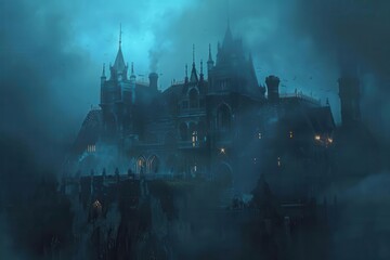 ominous mist enveloping haunted mansion eerie halloween attraction concept illustration