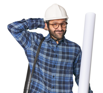 Hispanic male architect with plans touching back of head, thinking and making a choice.