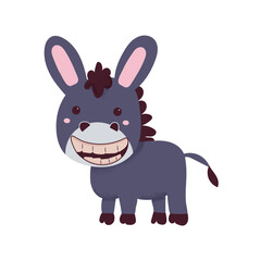 Funny donkey character isolated on white background. Childish vector flat illustration with farm animal for kids