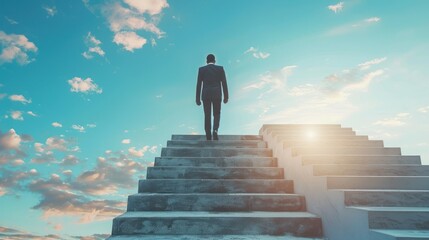 Businessman climbing stairs towards bright sky, symbolizing career success, ambition, goals, and achievement.