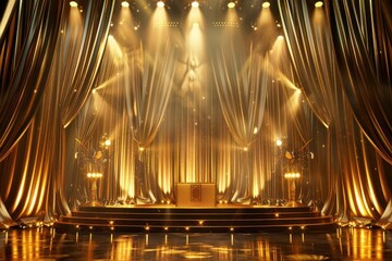 opulent awards ceremony stage with cascading golden curtains spotlights and a central podium creating an atmosphere of celebration and achievement