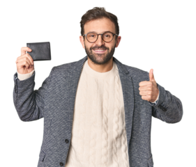 Hispanic male with briefcase in studio smiling and raising thumb up